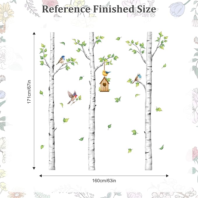 Large Birch Tree Wall Decals, White Realistic Tree Wall Stickers Peel and Stick Wall Decal Waterproof Wall Art Sticker for Aisle Bedroom Office Sofa TV Backdrop Home Decor (H: 67.3 in)