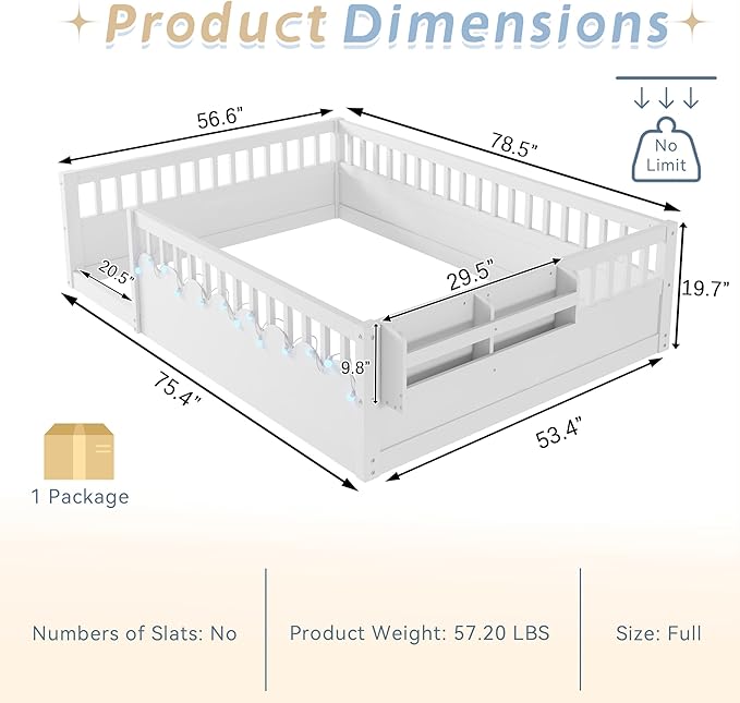 Full Toddler Floor Bed with High Rails, Wooden Montessori Bed Frame with Light and Storage Shelf, Full Size Bed Frame for Kids, Boys and Girls, White
