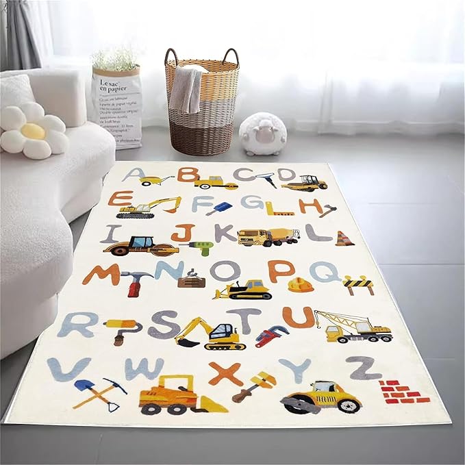 Kids Rug, Alphabet and Truck Carpet for Playroom 4x6, Children's Educational Play Mat ABC Rugs for Boys Girls, Digger Play Rug for Bedroom, Non-Slip Area Rugs for Nursery
