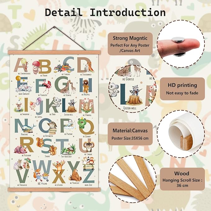 KAIRNE Alphabet Poster With Wood Magnetic Hanging Framed(35CMx56CM) Kids Growth Mindset Canvas Hang Signs,Emotions Learning Prints Classroom Decor Animal ABC Wall Art for Playroom Nursery Decor
