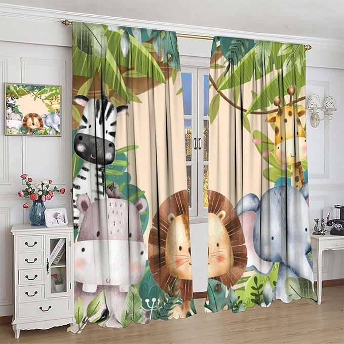 Jungle Animals Curtains Colorful Forest Cartoon Wildlife Lion Giraffe Elephant for Kids Boys Girls Nursery Bedroom Living Room Blackout Rod Pocket Decoration Window Drapes 2 Panels W36xL63in