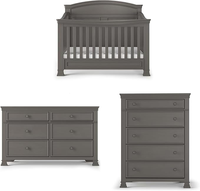 Child Craft Westgate Crib, Double Dresser, and Chest Nursery Set, 3-Piece, Includes 4-in-1 Convertible Crib, Dresser, and Chest (Chelsea Gray)