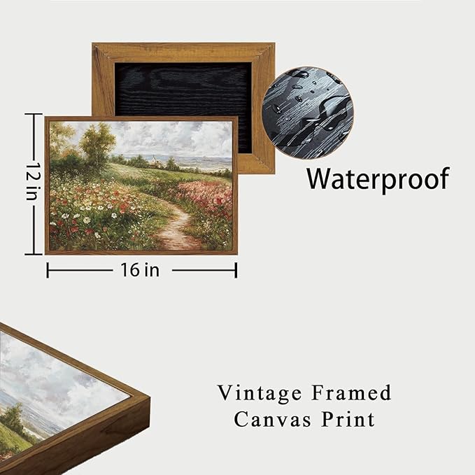 OIQArtOIQ Vintage Landscape Framed Wall Art Summer Countryside Wildflower Field Path Canvas Art Prints Farmhouse Cottagecore Pictures Wall Decor Rustic Meadow Paintings Artwork For Kitchen Bedroom
