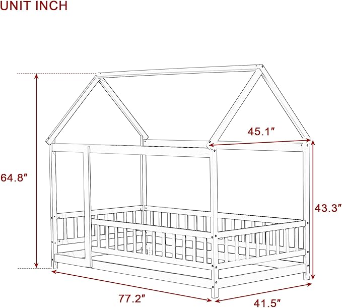 Ball & Cast Twin Size Floor Bed,Montessori Bed with Roof & Safety Guardrails Design,Wooden Toddler House Bed Frame W/Open Door,for Girls Boys,Natural