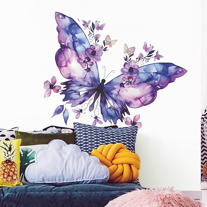Purple Butterfly Flower Wall Decals Large Blue Butterfly Stickers Colorful Art Decal Removable Peel and Stick Butterflies Wall Decor for Kids Girls Bedroom Nursery Bathroom Decorations