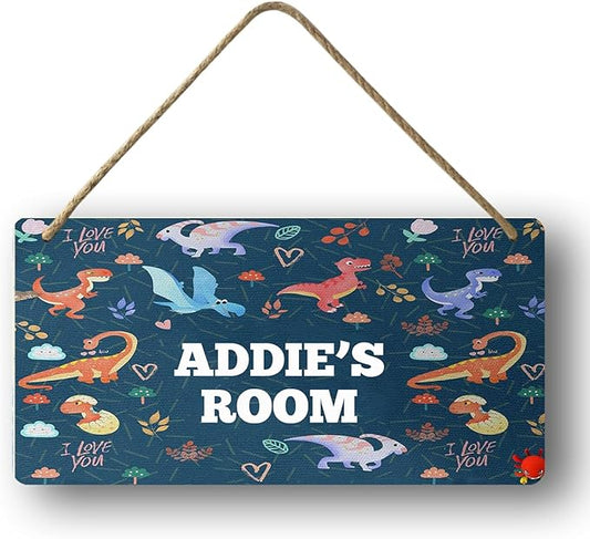 Personalized Hanging Dinosaur Name Wood Sign Boys Girls Bedroom Decor Wall Art Toddler Kids Nursery, Boy's Girls Room (KL-15)