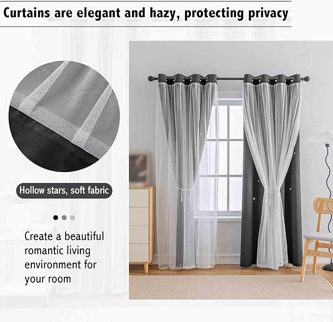 Anytime Romantic Kids Curtain,Hollow-Out Stars Window Curtain Double Layer Blackout Curtains for Girls Bedroom Kids Room 2Panel,(W52 x L72,Black)