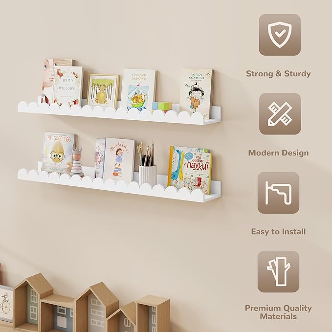 Fun Memories 32 Inch White Floating Shelf, Scalloped Picture Ledge for Nursery, Set of 2, Wall Mounted Book Shelves for Kids Room, Toddler Room