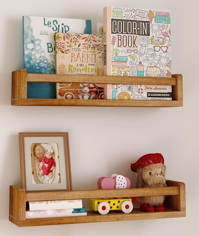 Heimlove Nursery Floating Shelves, Nursery Book Shelves for Wall, 16 inch Bookshelf for Kids Solid Wood Mounted Shelves for Books,Toys and Decor Storage, Set of 2