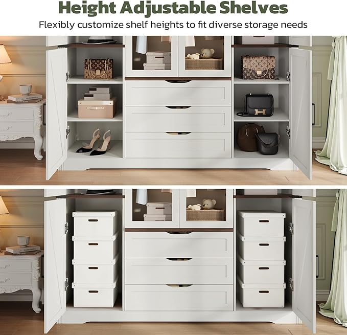 Concho 73'' Tall Farmhouse Armoire Wardrobe Closet with LED Light, Wood Wardrobe Closet Collection with 6 Doors 3 Drawers, Clothing Storage Cabinet with 8 Adjustable Shelves, Antique White