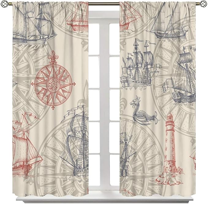 Nautical Curtain Set, Yellow Polyester, 2 Panels, 42x63 Inches, Contemporary Ocean Theme, Bathroom, Window Treatment Panels