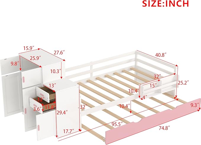 Merax Twin Size Corner Bed with Trundle and Drawers, Wooden Daybed Frame with Movable Wardrobe, Two Bookshelves, and Safety Guardrail, Twin Bed Frame for Kids, Boys Girls, Easy Assembly,Pink