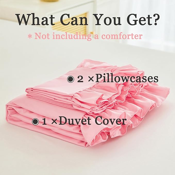 Queen Size Kids Duvet Cover Sets 3 Pieces Ruffle Bedding Cover Set Cute Pink Comforter Covers for Girls Soft Lightweight Ruffled Bed Cover for Bedroom Decor(Pink, Queen)