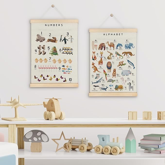 SereneHanctuary Animal Alphabet Numbers Poster Hanger Frame,Educational Abc Number Wall Art for Kids Playroom Nursery Room Classroom Decor,12X16Inches