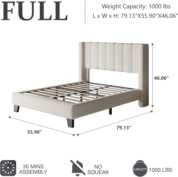 Full Bed Frame with Headboard Upholstered Platform Bed Frame with Teddy Velvet Headboard, Wooden Slats Support/Wing Edge Design/No Box Spring Needed/Easy Assembly, Beige Full