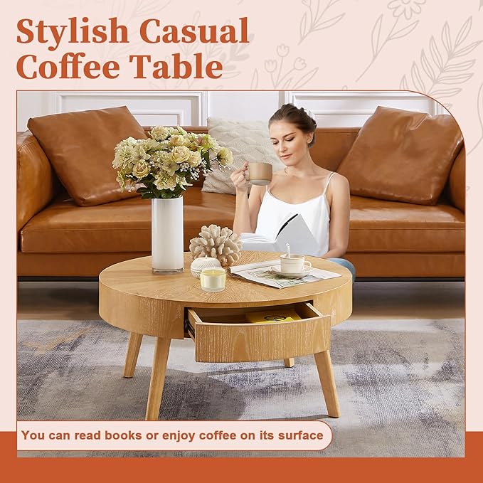 Round Wood Coffee Table for Living Room, Modern Farmhouse with Drawer, Solid Boho Circle Table with 4.5” Thick Tabletop, 31.5" L x 31.5" W x 15.87" H