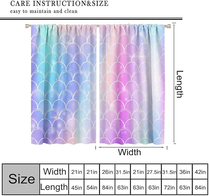 Mermaid Blackout Curtains, Kids Cartoon Blue and Pink Ocean Mermaid Scale Pattern Decoration for Girls Bedroom Nursery Curtains 42x44 Inch