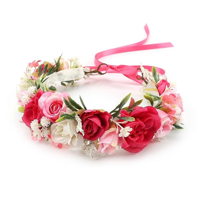 Flower Crown for Girls Children Floral Headpiece Pink Kids Headband Wedding Holo Hair Accessories Birthday Photo Prop (Fuchsia)