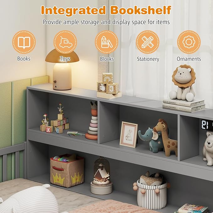 Giantex Full Size Floor Bed for Kids, Wooden Montessori Bed Frame with Bookcase, Storage Shelves & Safety Fence Rails, Floor Beds Full for Girls, Boys, No Box Spring Needed, Without Slats, Grey