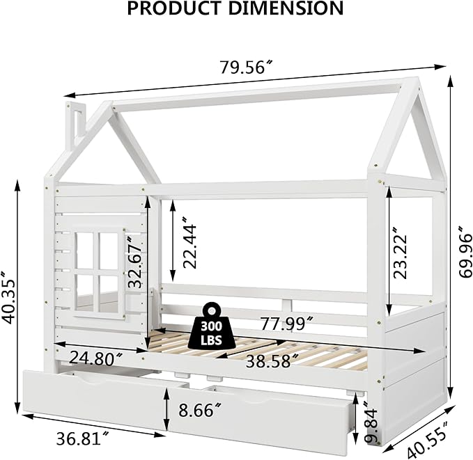 Aoowow Twin Size Kids House Bed with 2 Drawers, Wooden Twin Bed Frame with Window and Roof for Bedroom, Modern Twin Size Kid Playhouse Bed with Slats for Boys Girls, Can be Decorated, White