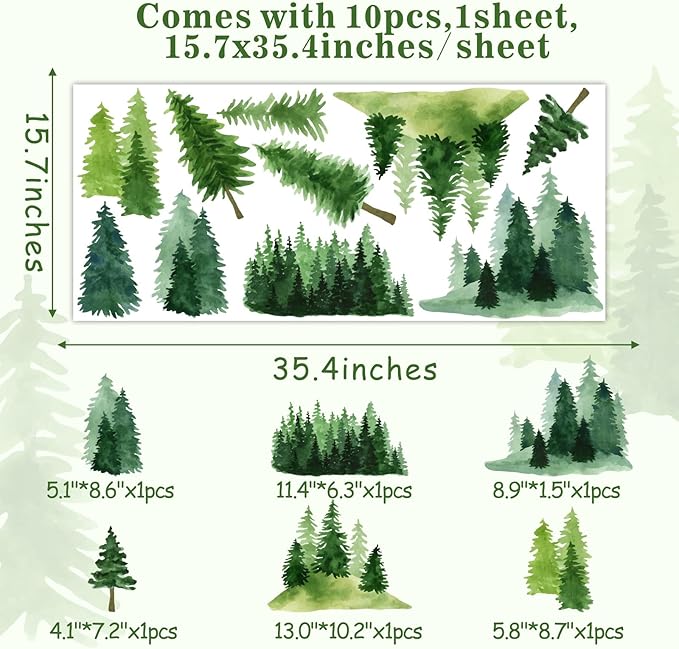 Watercolor Pine Tree Wall Decals Green Pine Tree Wall Sticker Large Tree Wall Decals Nature Woodland Forest Tree Wall Stickers for Nursery Bedroom Living Room Decor