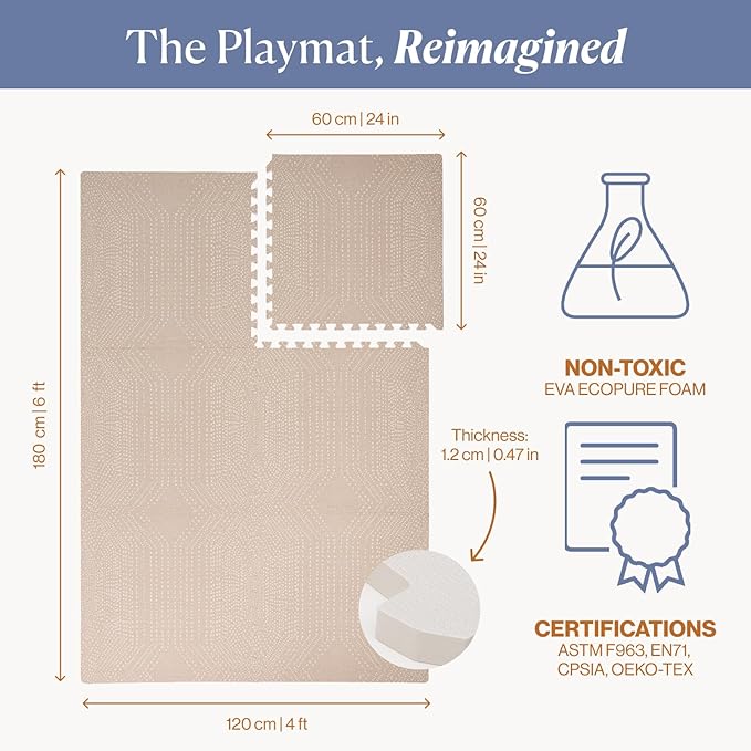 Toddlekind Premium Foam Playmat, 4 x 6 feet, 6 Tile Extra Thick Foam Floor Puzzle Mat for Babies/Toddlers Stylish, Non-Toxic, Odorless. Perfect for Tummy Time, Crawling, and Play. 0m+ (Beige/Brown)