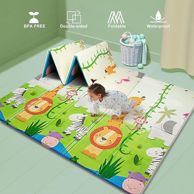 UANLAUO Baby Play Mat 59" x 59" Playmat for Infants - XPE Foam Floor Mats Foldable Design for Toddlers, Waterproof Infant Crawling Mats for Indoor/Outdoor, Thick Kids Mat for Babies 6-12 Months