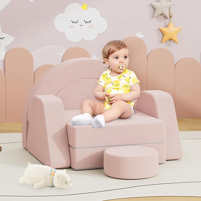 7 PCS Modular Kids Play Block Couch Child Sectional Sofa Toddler Building Fortplay Bedroom Playroom Baby Convertible Floor Foam Cushion for Boys & Girls (Pink-Single)