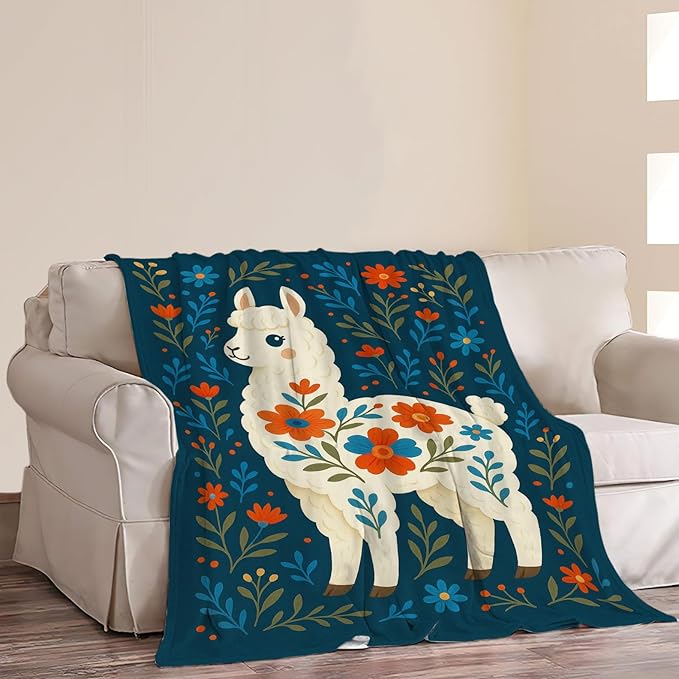 Alpaca Blanket Floral Boho Alpaca Llama Throw Blanket Soft Cozy Fleece Fuzzy Plush Warm Stuff Bedding Nursery Toddler Mexican Blankets Gifts for Boys Girls Kids Adult Men Women 50"X60"