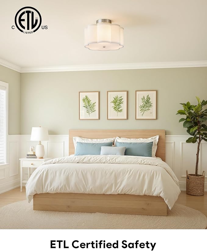 VONLUCE Semi-Flush Mount Ceiling Light, 12.6" Modern 3-Light Ceiling Light Fixture with White Petal-Shaped Shade 3 E26 Sockets for Bedroom Entryway Living Room, Nickel Finish, ETL Certificated