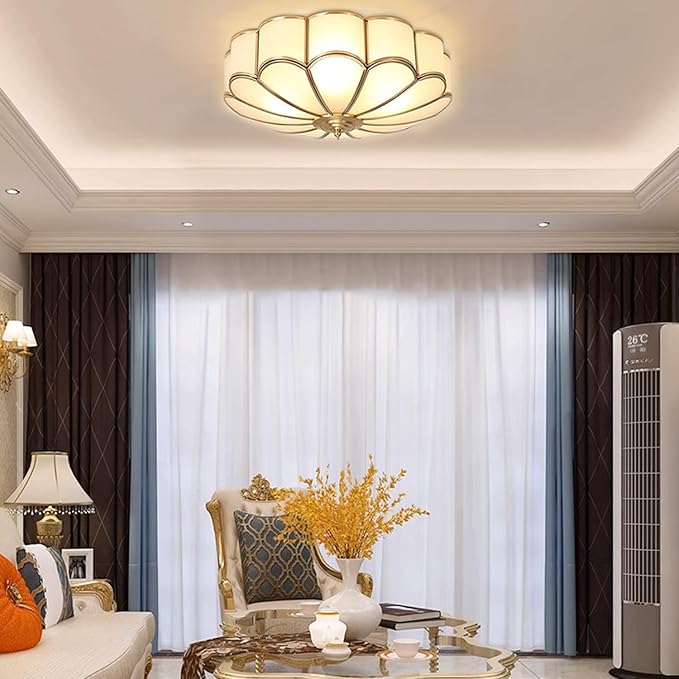 Mid Century Brass Flush Mount 4-Light LED Ceiling Lamp, Frosted Glass Shade Modern Light, Close to Ceiling Decorative for Bedroom Living Room (17.71" W)