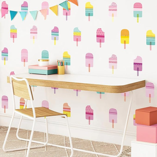 48 Pcs Ice Cream Wall Decals for Kids Room, Peel and Stick Sweet Treats Wall Sticker, Multicolor Dessert Designs Wall Decor for Nursery Playroom Classroom Bedroom School