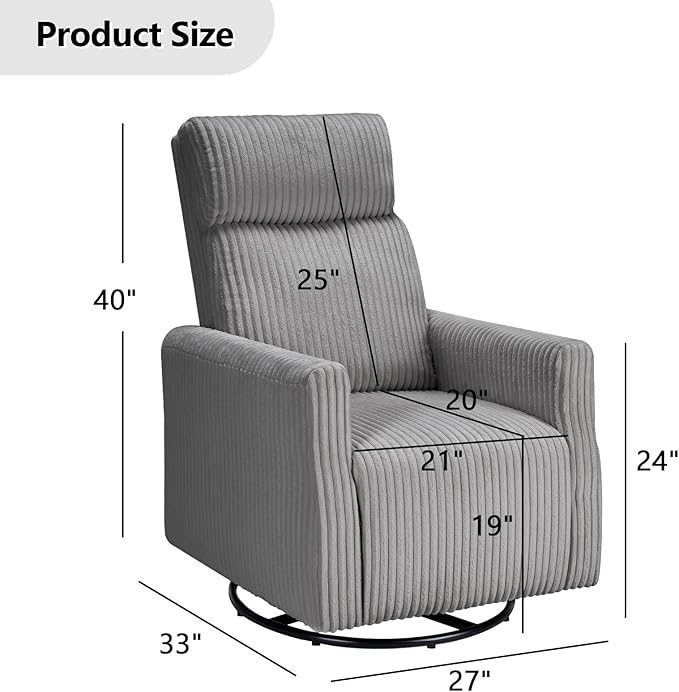 CANMOV Swivel Rocker Chair for Nursery, Swivel Accent Chair with High Back and Arms, Corduroy Glider Chair for Living Room Bedroom Nursery, Grey