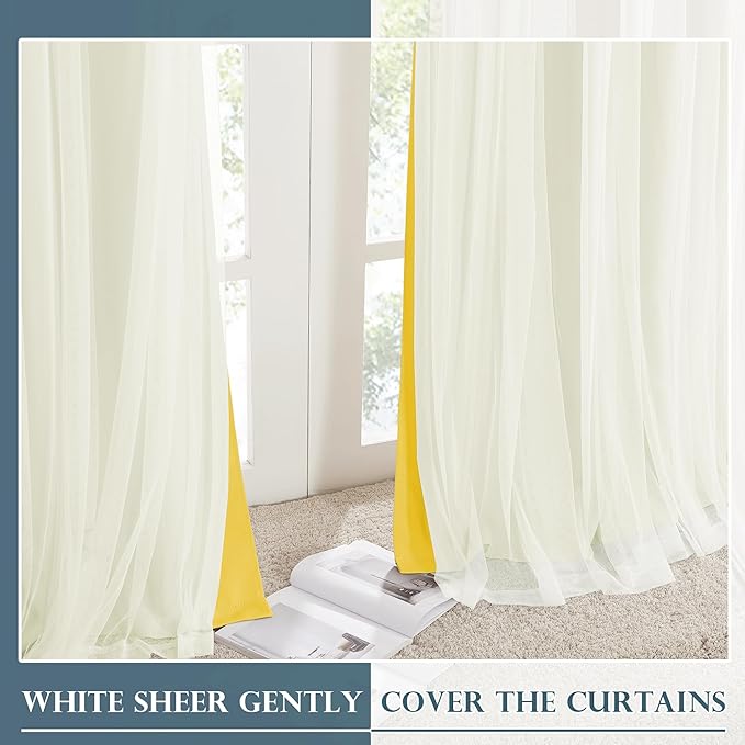 PONY DANCE Curtains 84 Inch Length - Double Layered Curtain Mix and Match Room Darkening Curtains with White Sheer Overlay Elegance Window Drapes for Kids Room with Tiebacks (One Pair, Lemon Yellow)