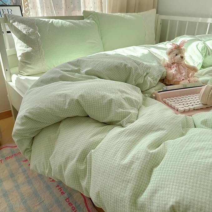 LifeTB Green Gingham Duvet Cover Queen 3 Pieces Romantic Lace Duvet Cover Soft Washed Microfiber Green Grid Plaid Comforter Cover with 2 Pillowcases Farmhouse Checkered Gingham Bedding Set