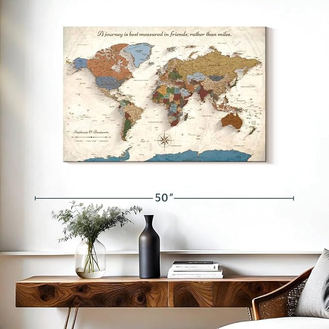 ElephantStock - Personalized Journey V Push Pin World Map Wall Art - Horizontal Canvas Wall Art - Living Room Wall Decor - Digital Art Map Canvas Art - Beige And Orange Decor - 39" x 26"