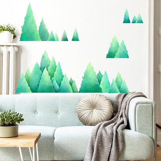 Watercolor Pine Tree Wall Decals Large Tree Wall Decal Sticker Green Tree Branches Wall Decals Evergreen Tree Wall Stickers Forest Decor Woodland Pine Tree Wall Stickers for Nursery Bedroom
