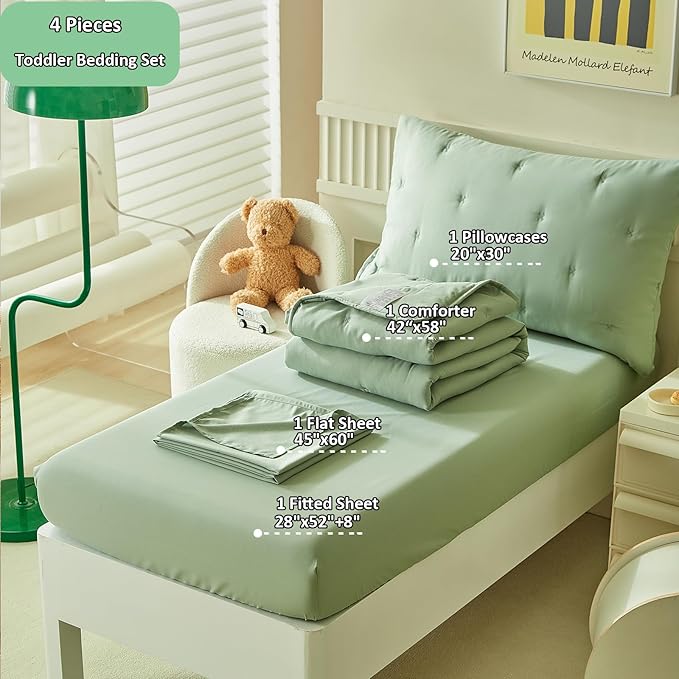 DuShow Green 4 Piece Toddler Bedding Set for Boys Girls,Embroidery Microfiber Crib Bed Sheets Set Soft Boho Comforter Set Bed in a Bag,Include Quilted Comforter,Flat Sheet,Fitted Sheet,Pillowcase