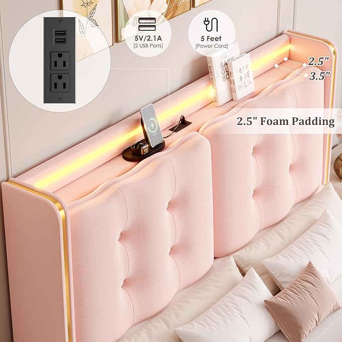 HITHOS Upholstered Queen Led Bed Frame with Charging Station and Storage Drawers, Velvet Princess Platform Bed Frames with Crystal-Button Tufted Headboard for Girls and Kids, No Box Spring Need, Pink