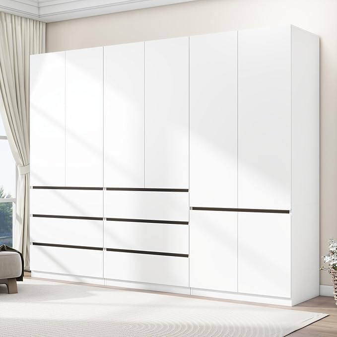 Armoire Wardrobe Closet with Drawers：75" Large White Wardrobe Closet Cabinet with 6 Doors for Hanging Clothes, Modern Wooden Bedroom Armoires with 6 Drawers and Storage (B+C+B, 94.5")