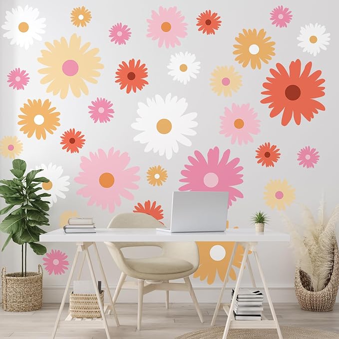 TaoBary 12 Sheets Daisy Wall Decal Flower Wall Sticker Cute Daisy Sticker Pink White Flower Decal Peel and Stick Floral Wallpaper for Nursery Bedroom Home Decor(Bright Color,Artsy Style)