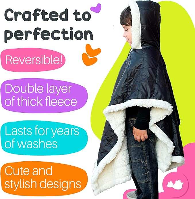 Birdy Boutique Car Seat Poncho for Kids – Reversible Warm Blanket with Hoodie – Safe to Use Over Seat Belts – Easy On, Easy Off, and Doesn’t Impact Seat Performance - Black – One Size