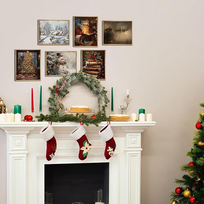 Vintage Christmas Santa Poster Set of 6, Santa Claus Pictures Wall Art Christmas Tree Wall Decor Painting Rustic Holiday Canvas Print Artwork for Living Room Farmhouse 12x16 inch Unframed