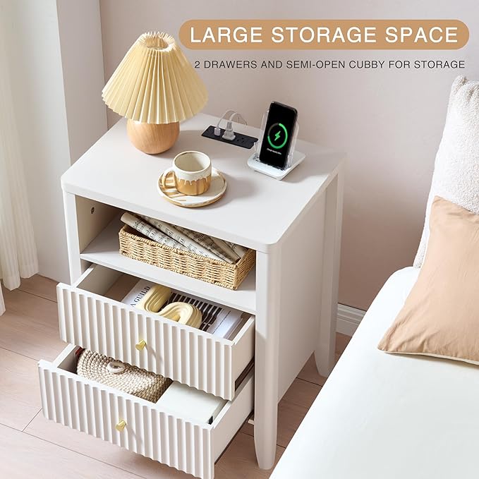 Fluted Nightstand with Charging Station Set of 2, 21" Wide Modern Bedside Table with 2 Drawers & Open Shelf, Wood End Table with Storage & Metal Handle for Bedroom, Small Spaces, Cream White