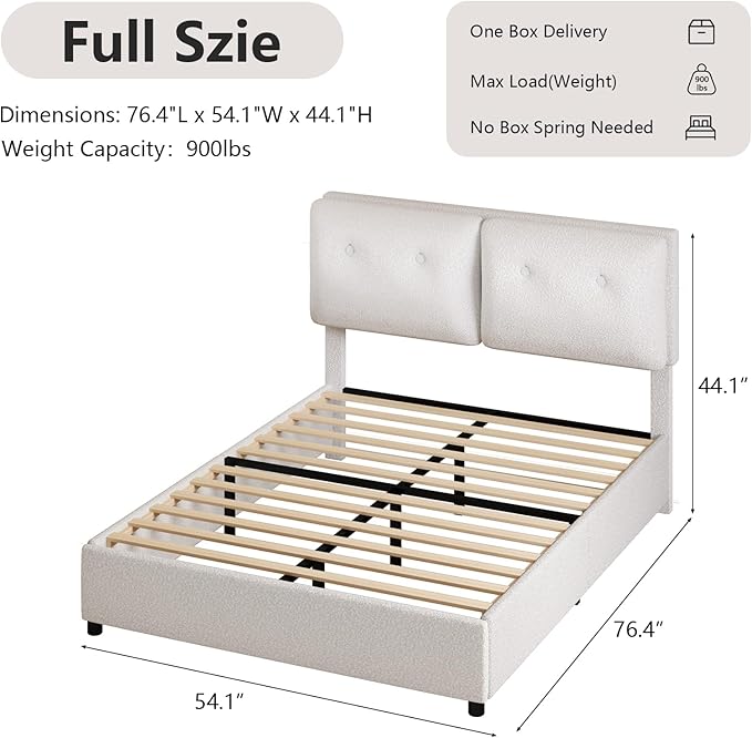 Full Size Bed Frame with Headboard, Cloud Boucle Upholstered Bed Frame, Modern Soft Style, Adjustable Headboard, No Box Spring Needed, Easy Assembly, White