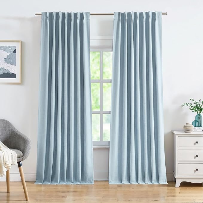Central Park Pinch Pleat Full Blackout Curtain Panel Linen Texture Thermal Insulated Drapery with Full Blackout Liner for Farmhouse Bedroom Window Treatment Sets with Hooks, Dusty Blue, 40"x108"x2