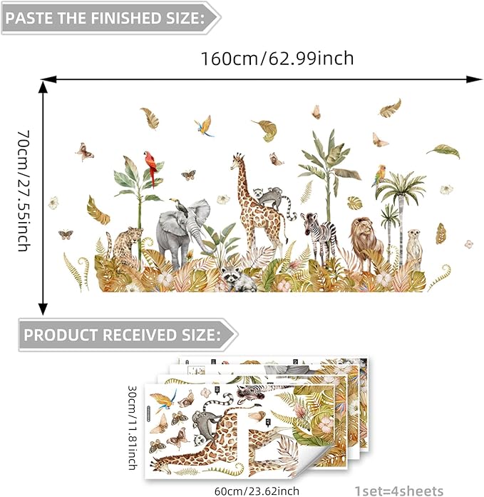 Large Safari Animals Boho Tropical Rainforest Leaves Tree Wall Stickers Jungle Animals Giraffe Elephant Lion Leopard Parrot Wall Decals for Living Room Bed Room Class Room Wall Décor