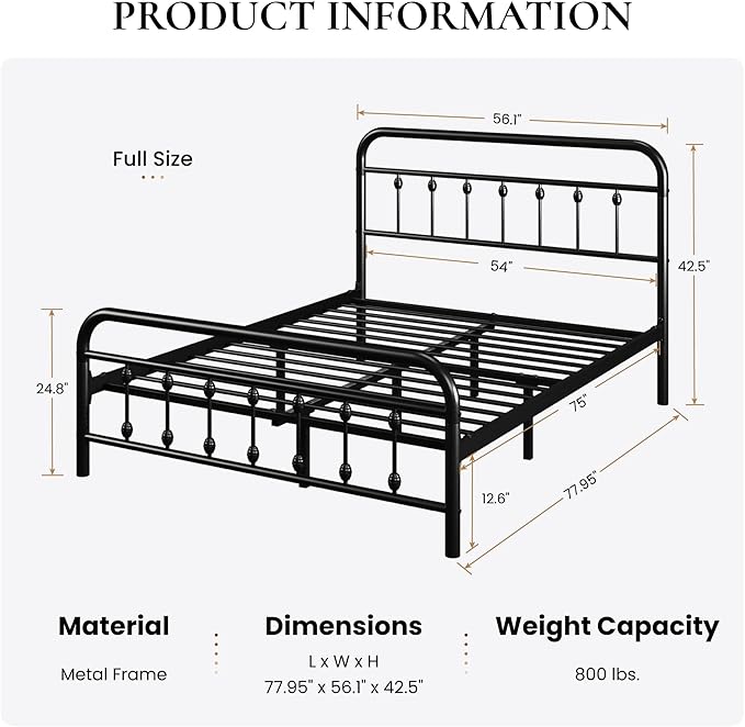 SHA CERLIN Full Size Metal Platform Bed Frame with Victorian Style Iron-Art Headboard and Footboard, Easy Assembly, Under Bed Storage, No Box Spring Required, Black