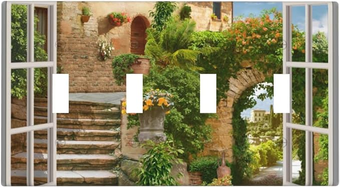 Mediterranean Greece Scene Flowers Quad Toggle Wall Plate Covers Decorative 4-Gang Wall Plates Italian Town from Another Window Electrical Switchplate for Bathroom Bedroom Kitchen Decor 4.5 X 8 In