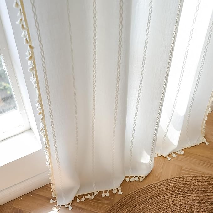 Deeprove White Boho Curtains 102 inch Extra Long for Bohemian Farmhouse House Decoration, Sheer Window Treatment, Privacy Embroidery Drape for Bedroom Living Room Doorway, 1 Panel W52 x L102